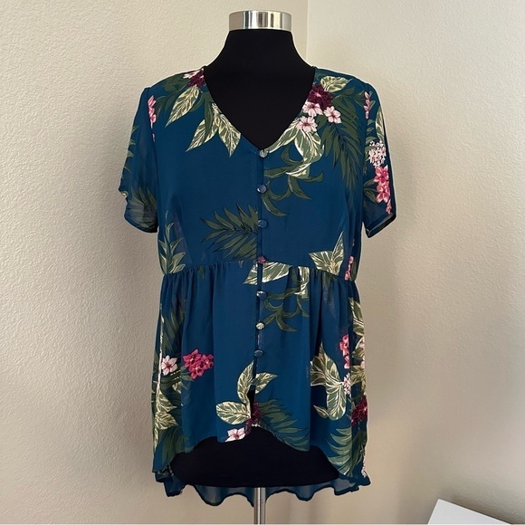 TORRID Babydoll Chiffon Button-Front Floral Teal Tunic Top - Picture 3 of 13